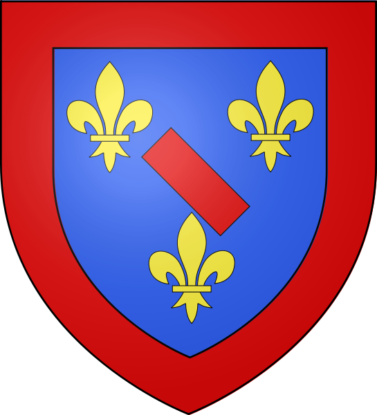 D'azur aux trois fleurs de lys d'or, au bâton de gueules brochant, à la bordure de gueules
